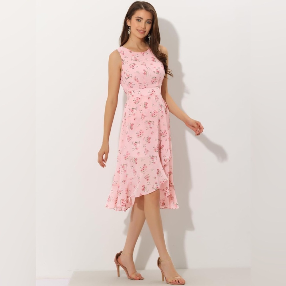 Allegra K Pink Floral Sleeveless Midi Dress XS | Smocked Waist - New With Tags